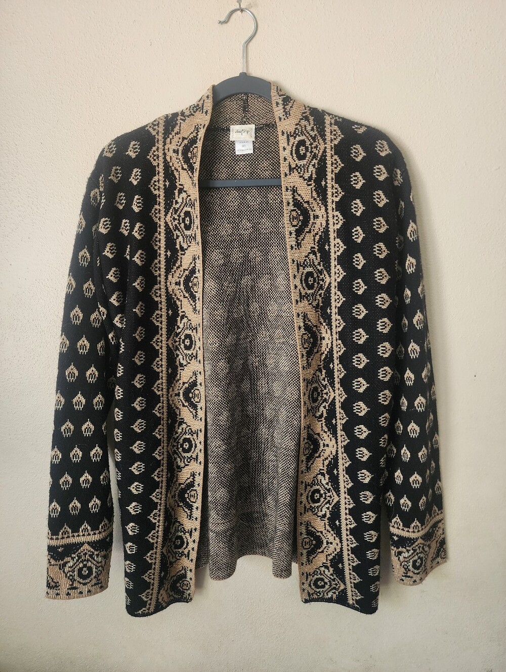 Daytrip Aztec Geometric Open Front Cardigan Sweater Women's XS Black Tan Boho